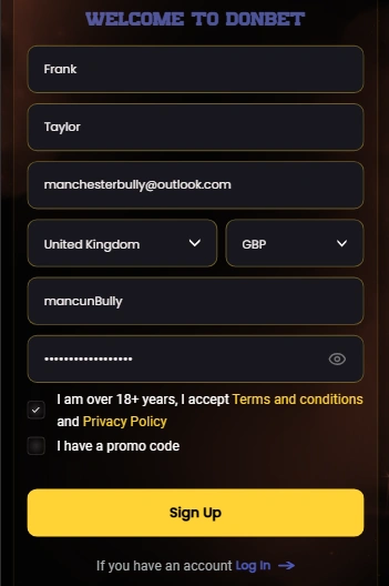 DonBet Casino registration form